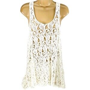 Solitaire Lace Crochet Shirt Dress Overlay Tank White Cut-Out L Hippie Fairy